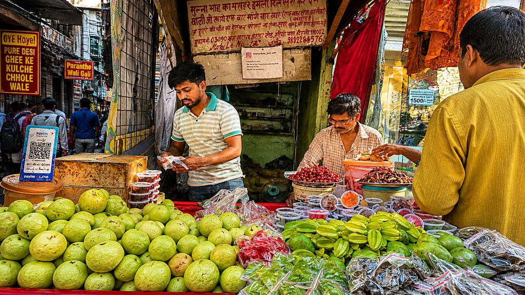 Street vendor selling guavas, starfruit, and local snacks at a busy market stall in Delhi with customers around.