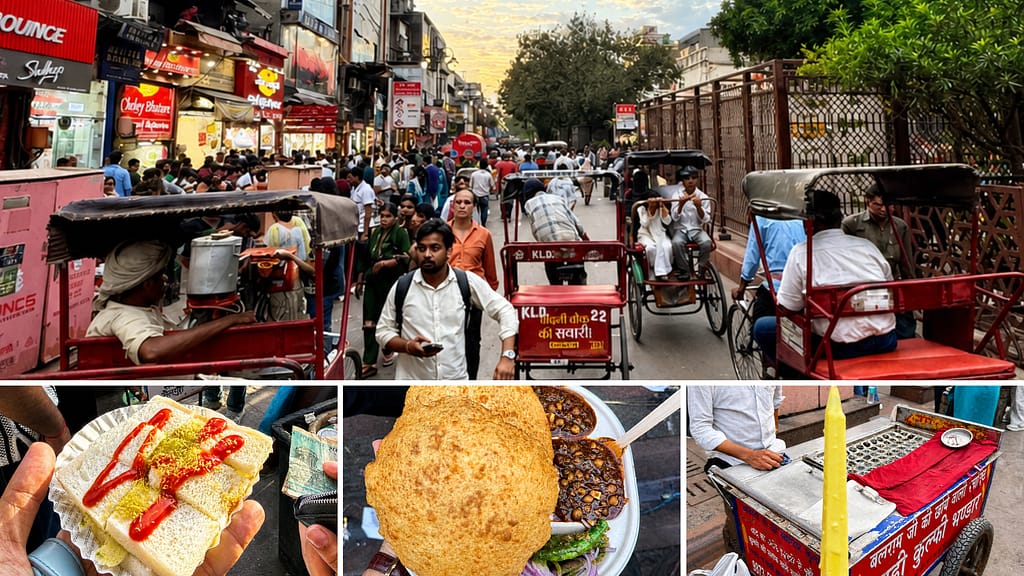 Landscape collage showing a busy Indian street with rickshaws and crowds, alongside close-ups of street food including sandwich, chole bhature, and a kulfi cart vendor.