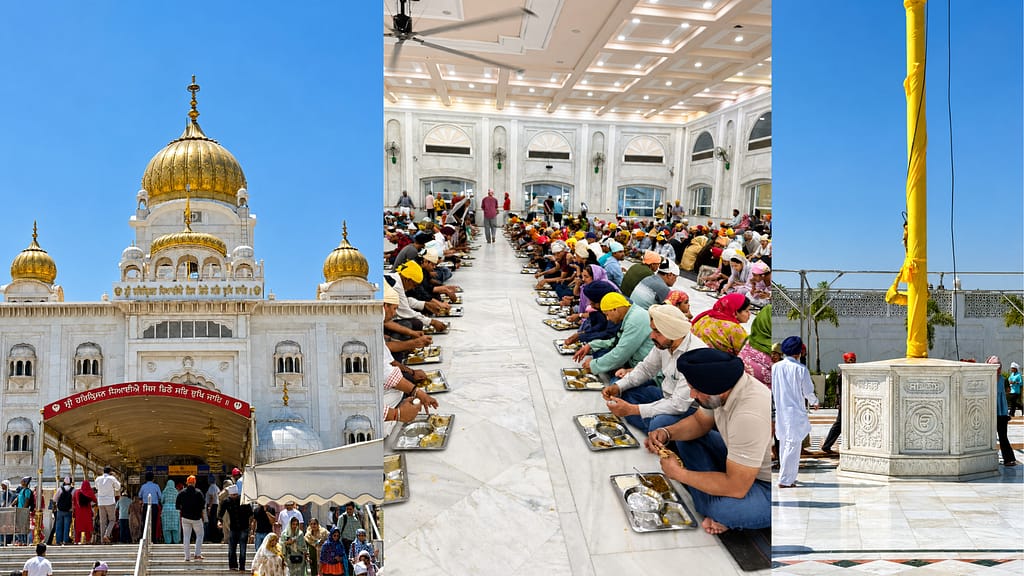 Collage showing Gurudwara Bangla Sahib exterior, people eating langar inside, and Nishan Sahib flag in the courtyard in Delhi.