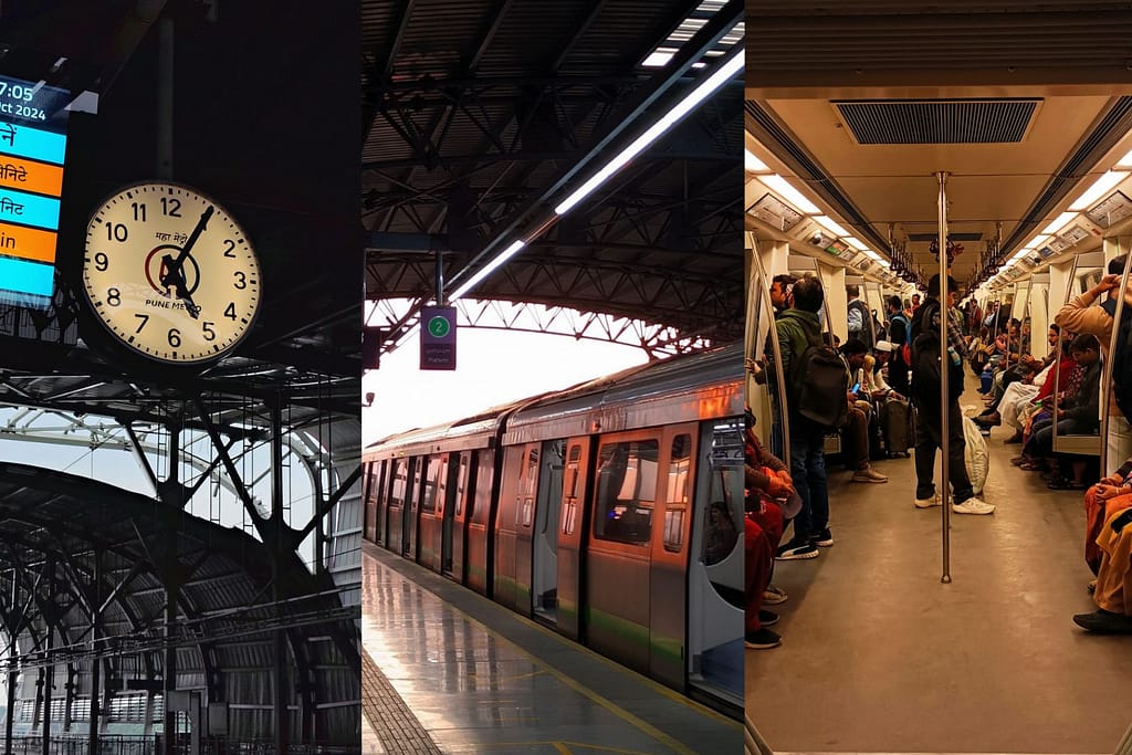 Delhi metro journey collage showing station clock, platform with train, and inside coach with passengers during daily commute