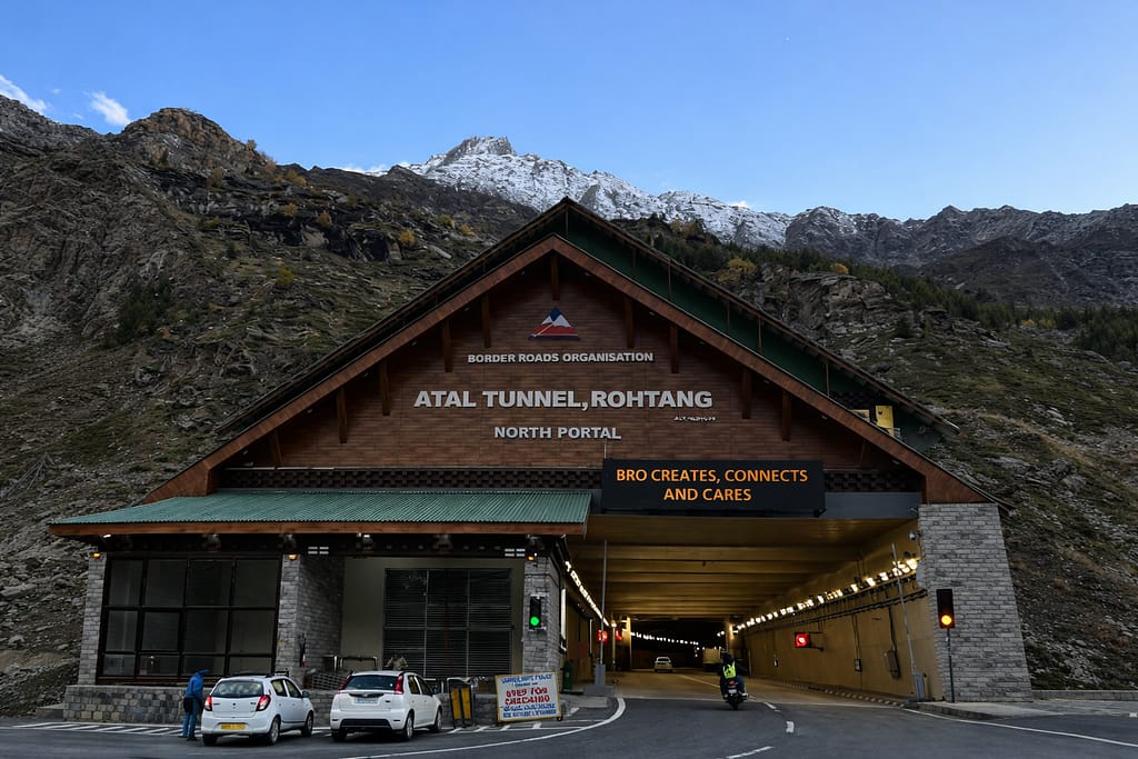 he architectural entrance of the Atal Tunnel North Portal with a digital sign and snow-covered mountains behind it.