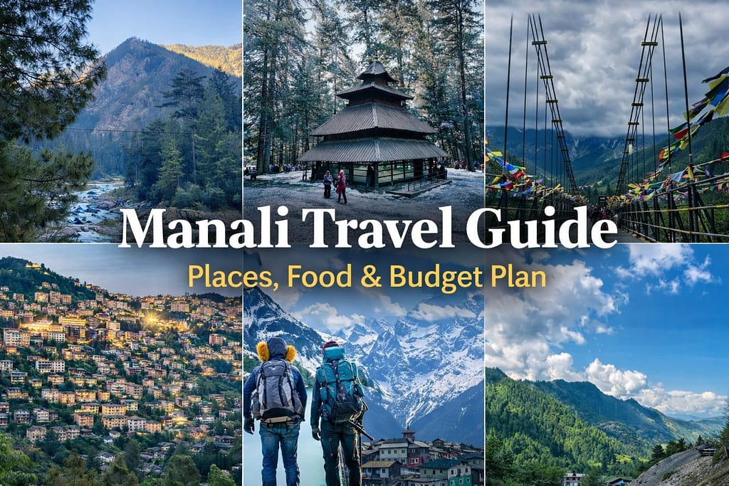 A professional collage titled "Manali Travel Guide" featuring six scenes: a river, a wooden temple, a bridge, a village at night, backpackers, and mountains.